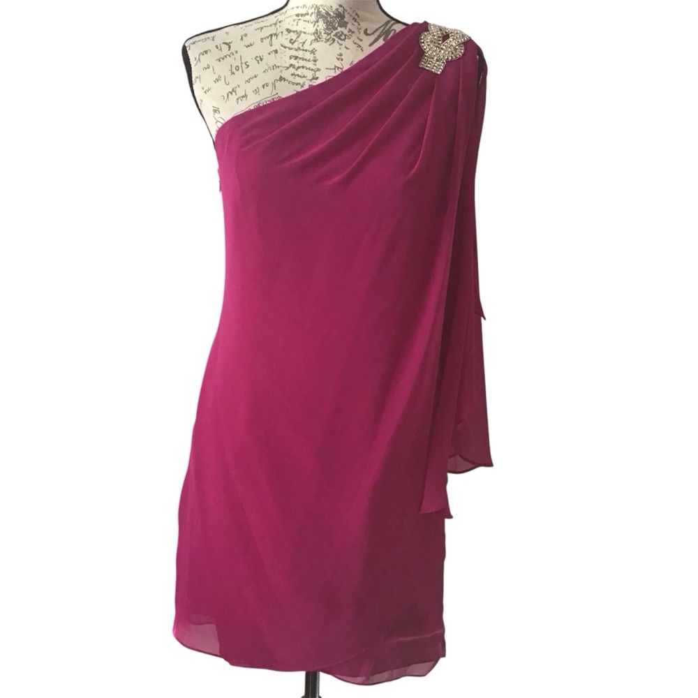 Cache Fuschia draped chiffon one shoulder dress with rhinestones on shoulder